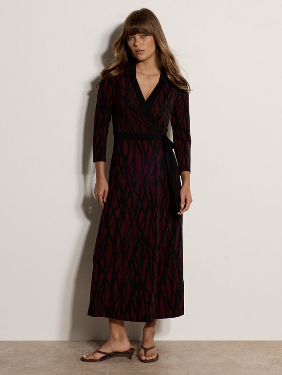 Abstract Print Wrap Maxi Dress, Burgundy, large