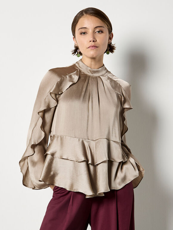 Ruffle Crinkle Satin Top, Stone, large