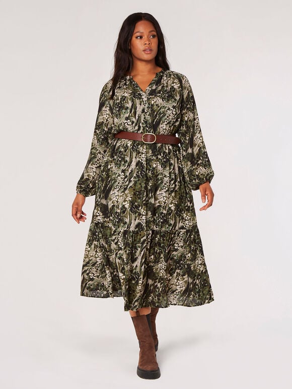 Curve Meadow Textured Midi Dress, Khaki, large