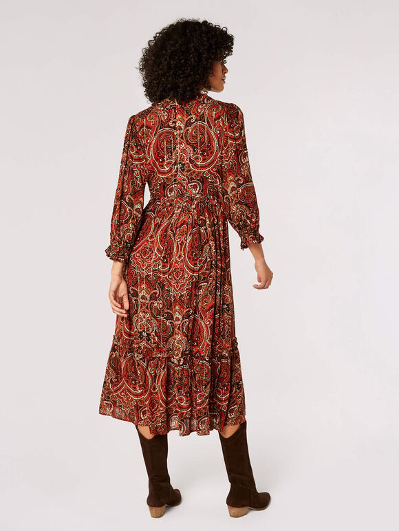 Paisley Ruffle Midaxi Dress, Rust, large