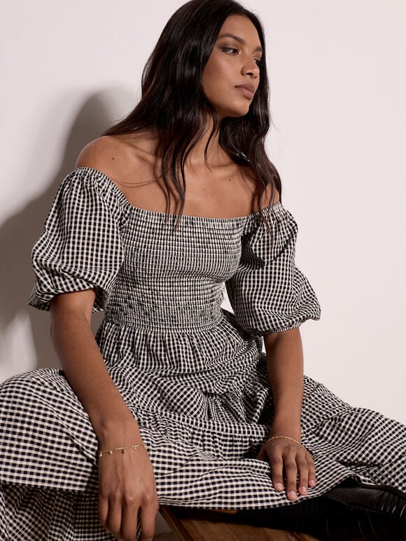 Cotton Gingham Milkmaid Midaxi Dress, Black, large