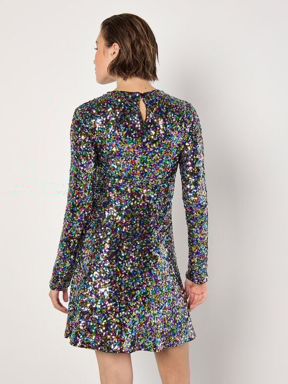 Rainbow Sequin Fit And Flare Mini Dress, Black, large