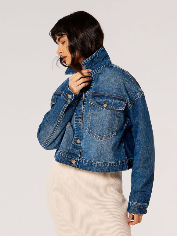 Boxy Fit Denim Trucker Jacke, Blau, Größe L