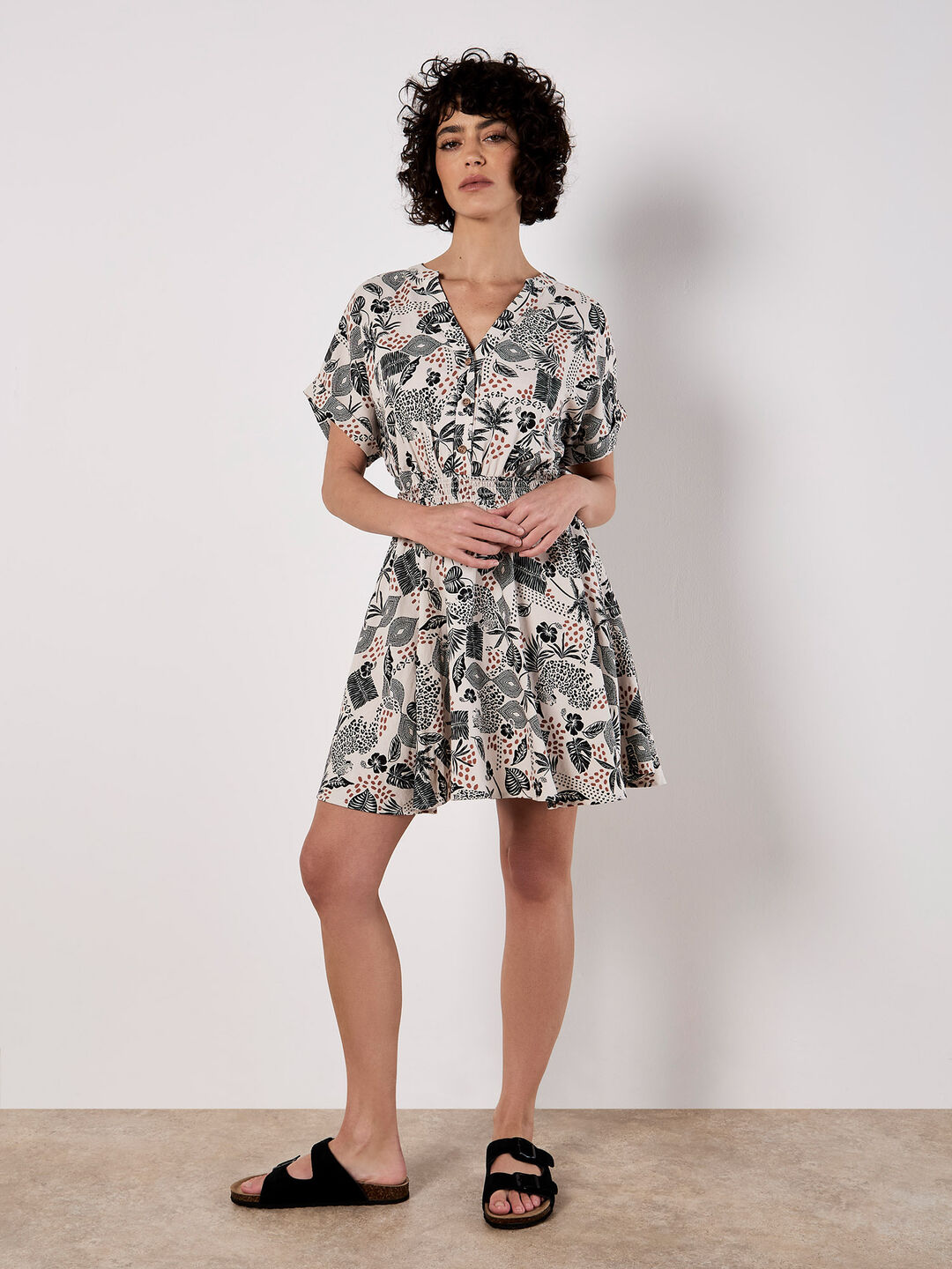 Tropical Print Linen Blend Mini Dress