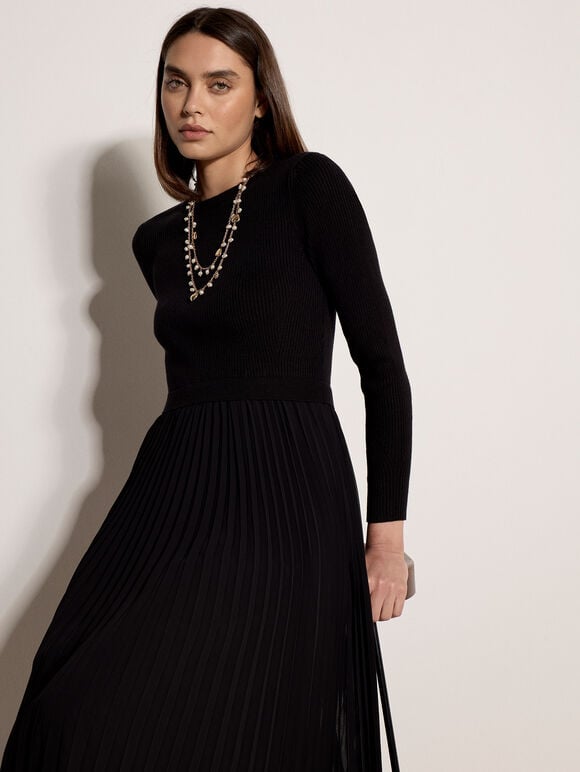Ribbed Knit Midi Dress, Black, large