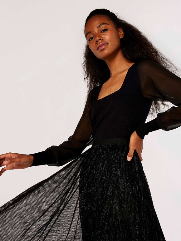Lurex Pleated Midi Skirt, Black, large