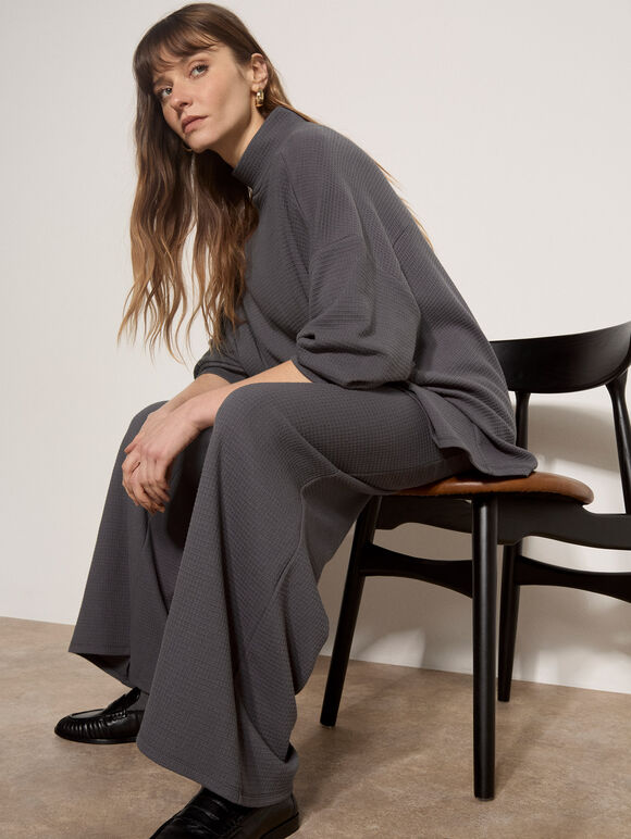 Waffle Jersey Knit Wide-Leg Joggers, Dark Grey/Charcoal, large