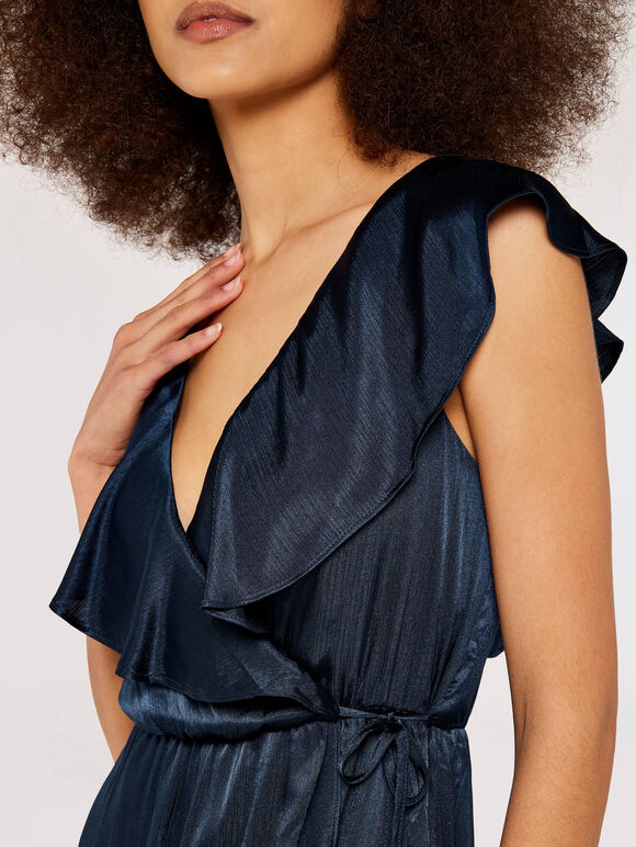 Satin Ruffle wrap Dress, Navy, large