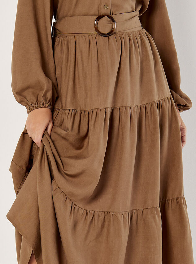 Belted Tiered Maxi Skirt, Brown, large
