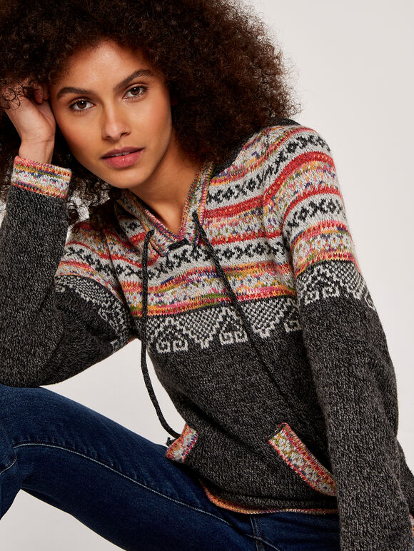 Aztec Knitted Hoodie, Grey, large