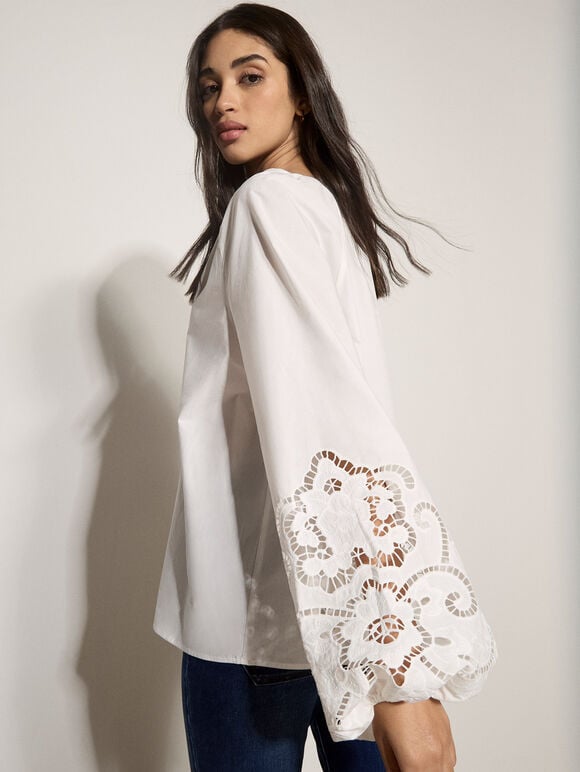 Cotton Cut-Out Blouse, White, large