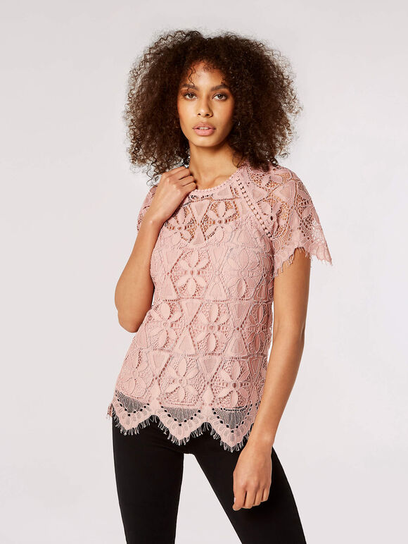 Guipure Scallop Lace Top, Pink, large
