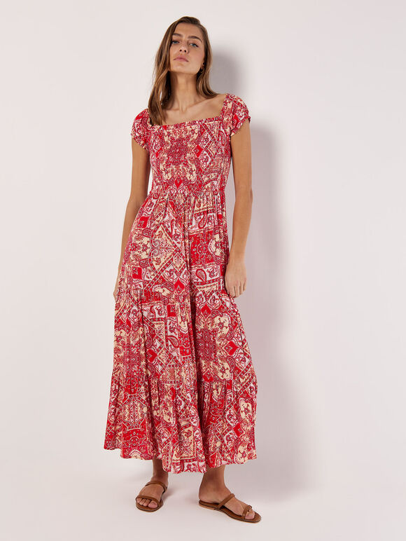 Robe Maxi Milkmaid à Imprimé Écharpe, Rouge, grand