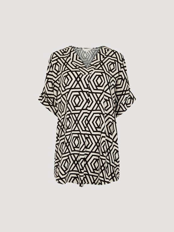 Geo Lines Pleat Blouse, Black, large