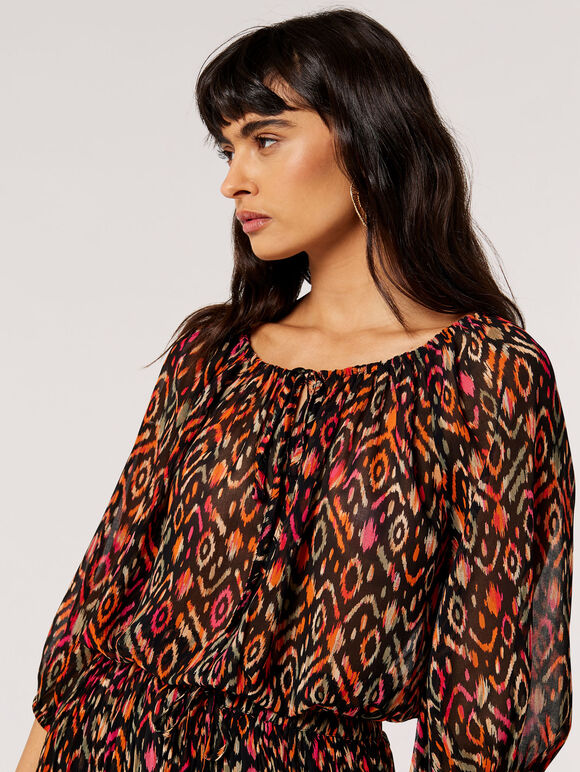 Lightweight Chiffon Ikat Top, Orange, large