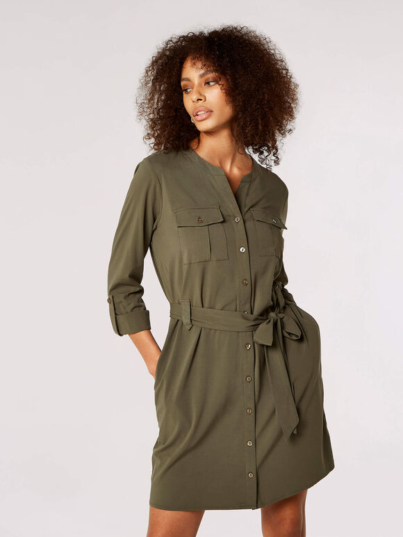 Utility Shirt Mini Dress , Khaki, large