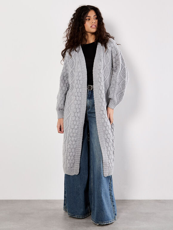 Chunky Cable Knit Longline Cardigan, Grey, large