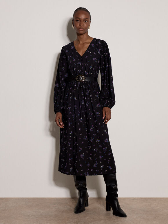 Vintage Floral Smocked Midi Dress, Black, large