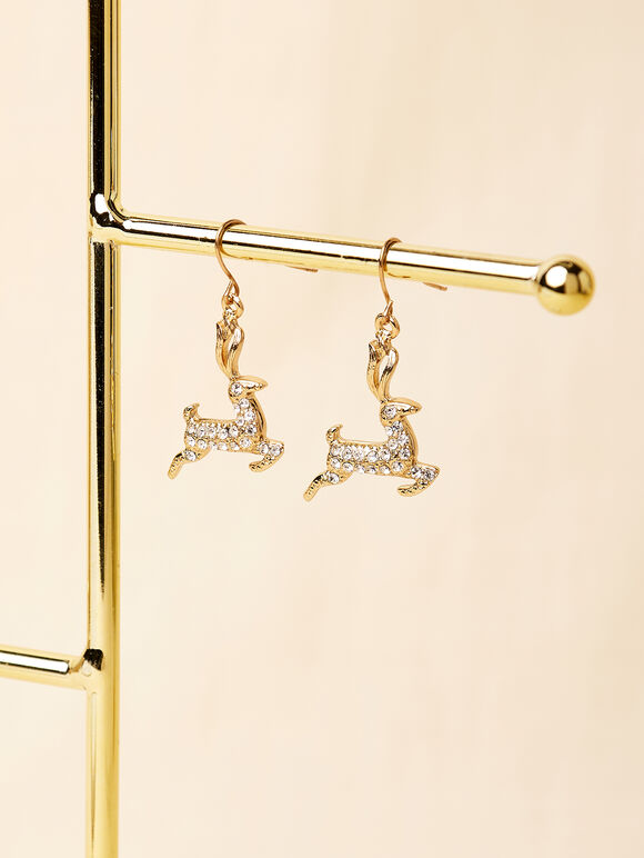 Gold Tone Crystal Reindeer Earrings, Assorted, large