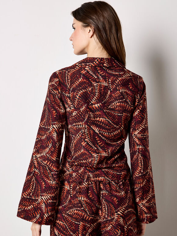 Abstract Print Ruched Front Blouse, Burgundy, large