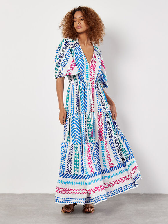 Geo Stripe Tiered Maxi Dress, Cream, large