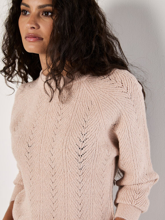 Chevron Pointelle Shimmer Jumper, Pink, large