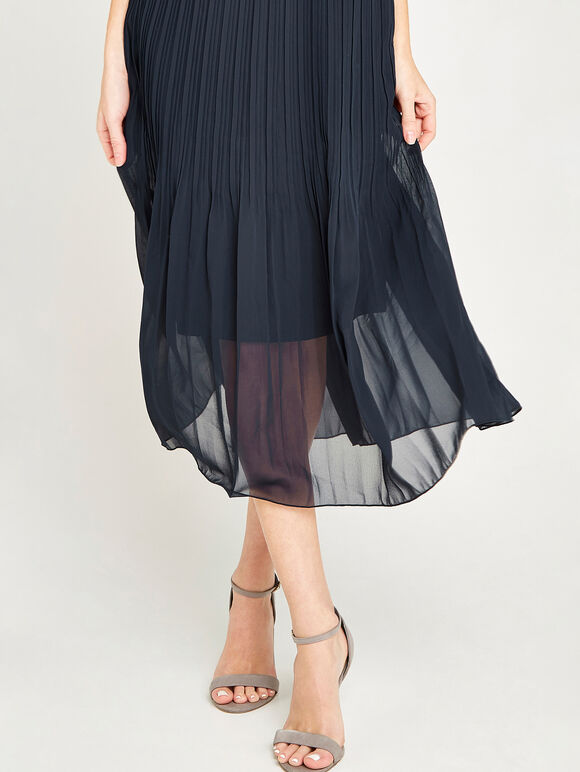 Chiffon Plisse Midi Dress, Navy, large