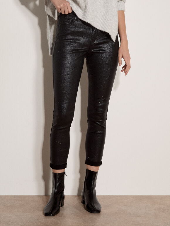 Glitter Snakeskin Skinny-Fit Jeans, Black, large
