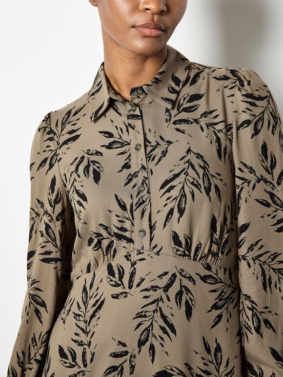 Leaf Print Shirt Mini Dress, Khaki, large