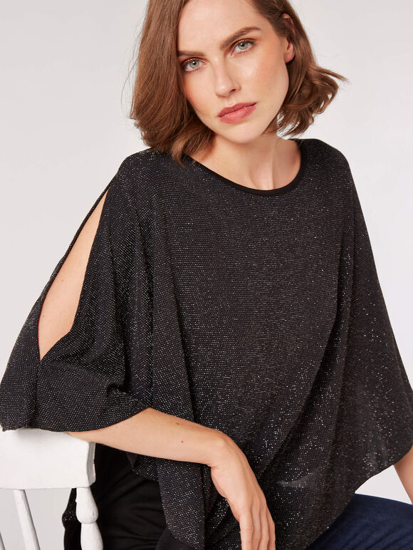 Asymmetric Sparkle Cape Top, Black, large