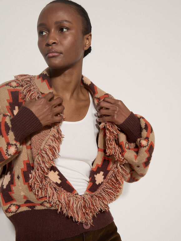 Soft Boho Geo Fringe Cardigan, Brown, large