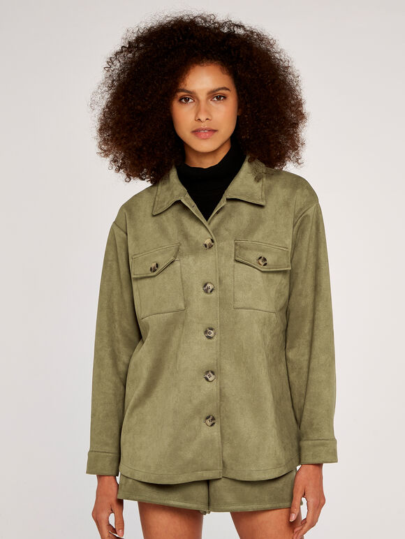 Suede Shirt Jacket, Khaki, large