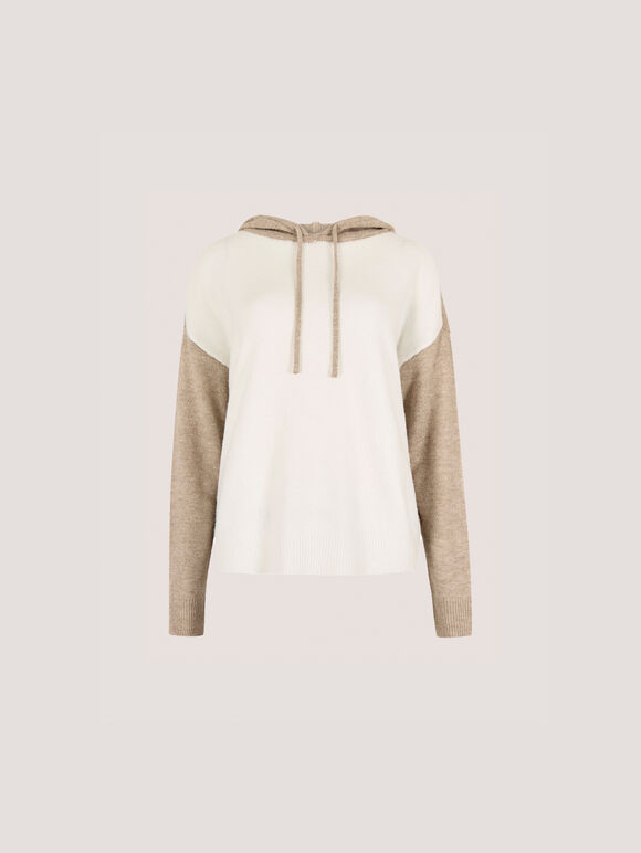 Colour Block Knitted Hoodie, Cream, large