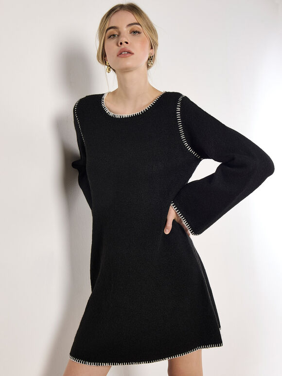 Blanket Stitch Knitted Swing Mini Dress, Black, large