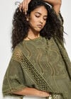 Cotton Blend Crochet Embroidered Top, Khaki, large