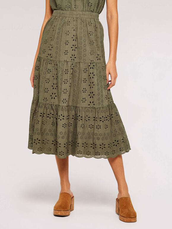 Broderie Anglaise Midi Skirt, Khaki, large