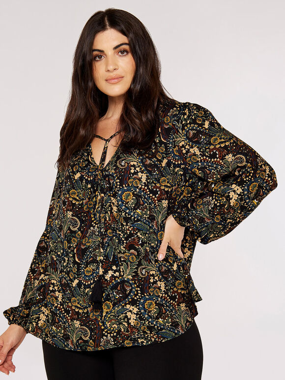 Curve Paisley Boho Blouse, Black, large