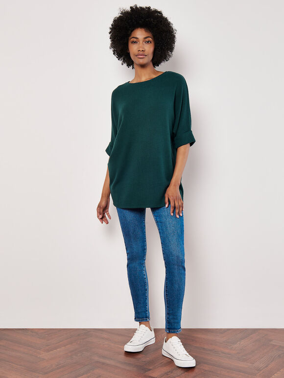 Soft-Touch Batwing Waffle Knit Top, Green, large