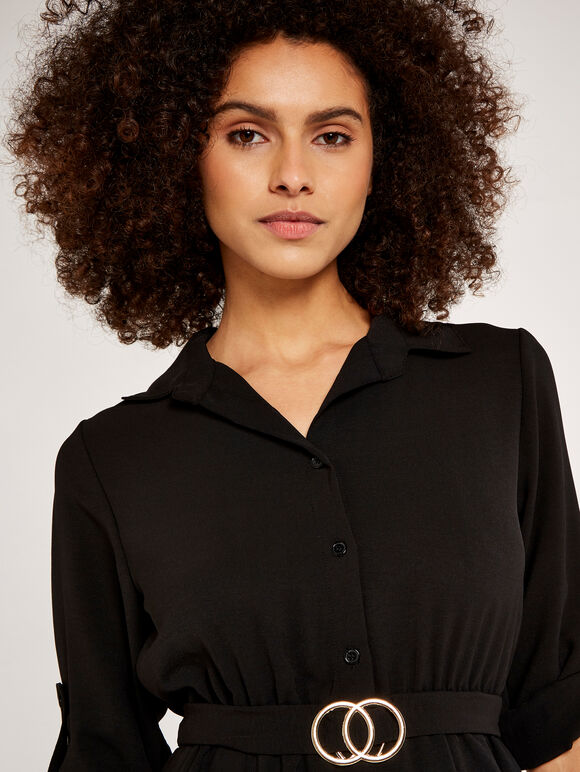 Belted Shirt Dress, Black, large