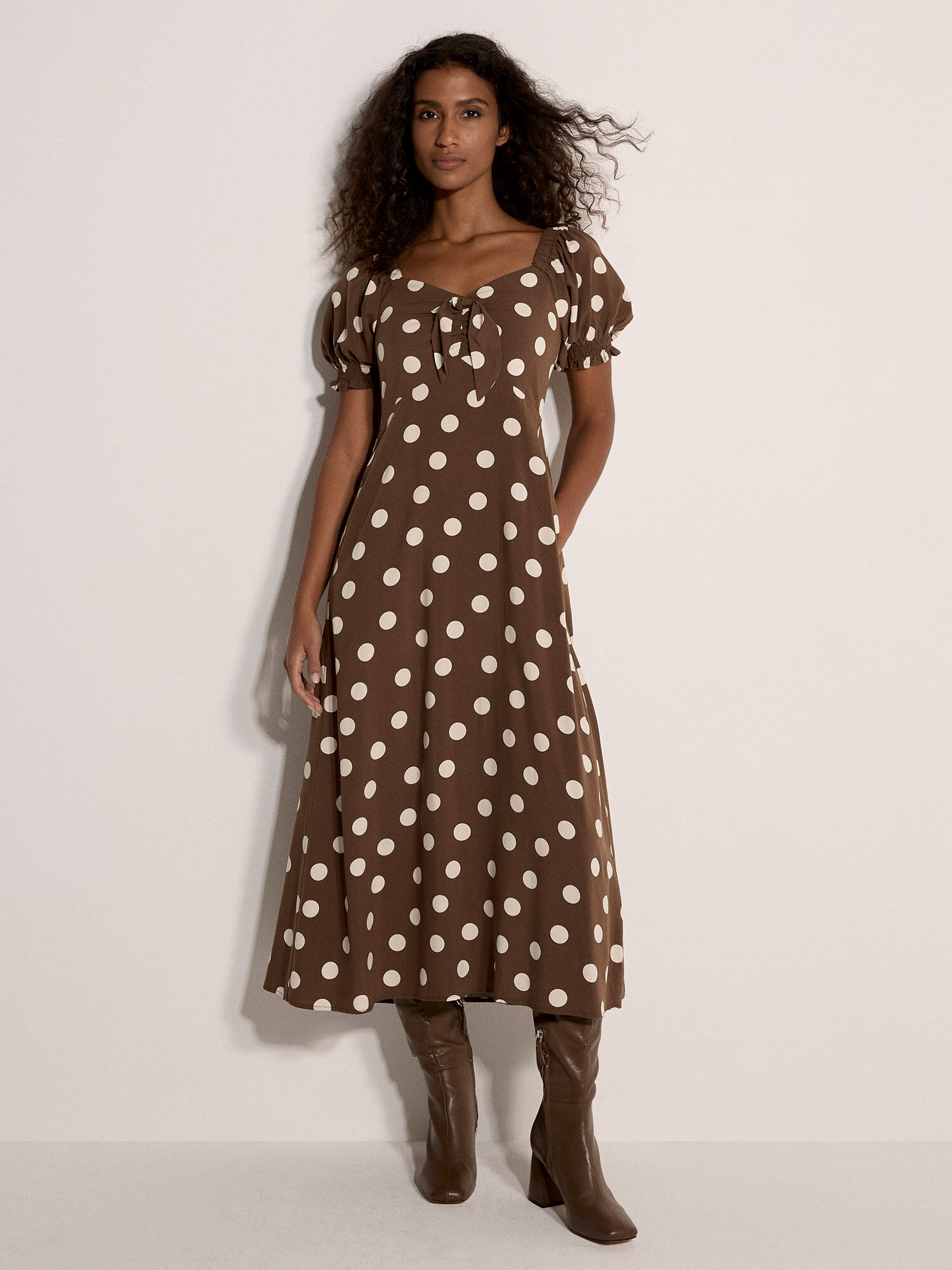Polka Dot Bow Detail Midi Dress | Apricot Clothing