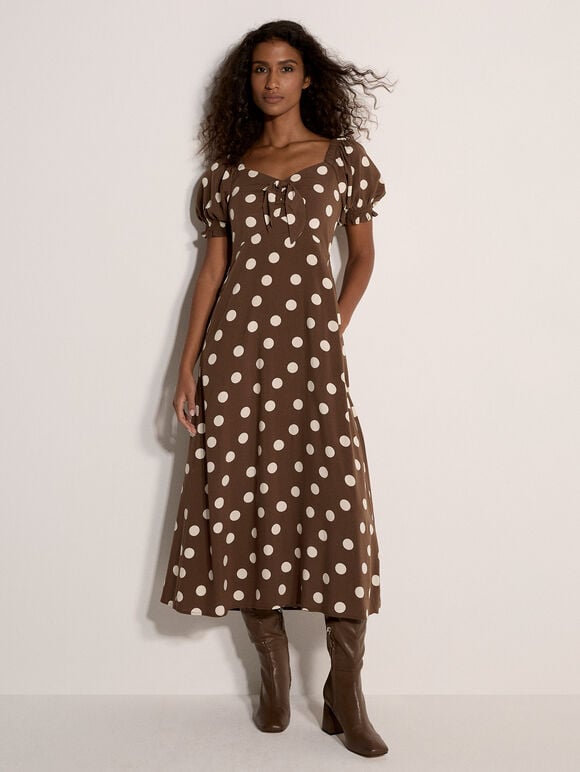 Polka Dot Bow Detail Midi Dress, Brown, large