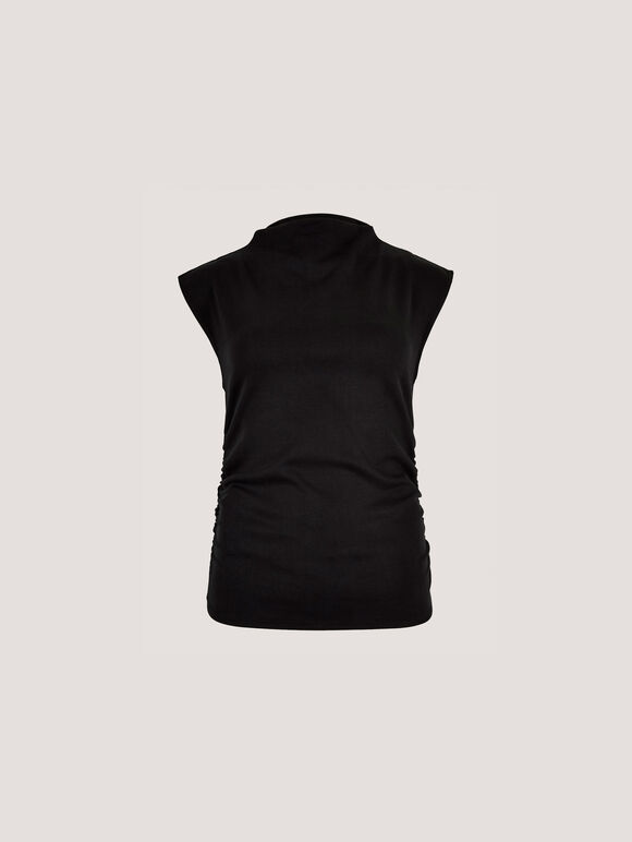 High Neck Side Ruched Top, Black, large
