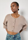Ribbed Knit Cropped Cardigan, Brown, large