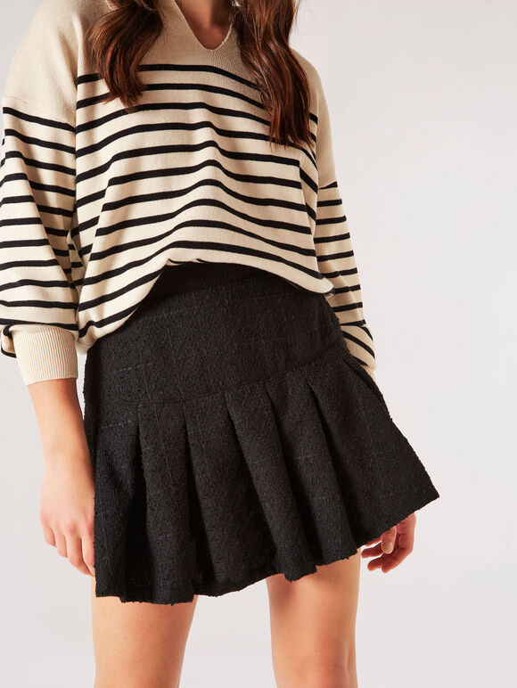 Tweed Box Pleat Mini Skirt, Black, large