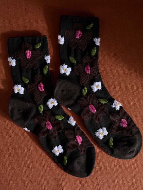 Big Flower Socks, Black, large