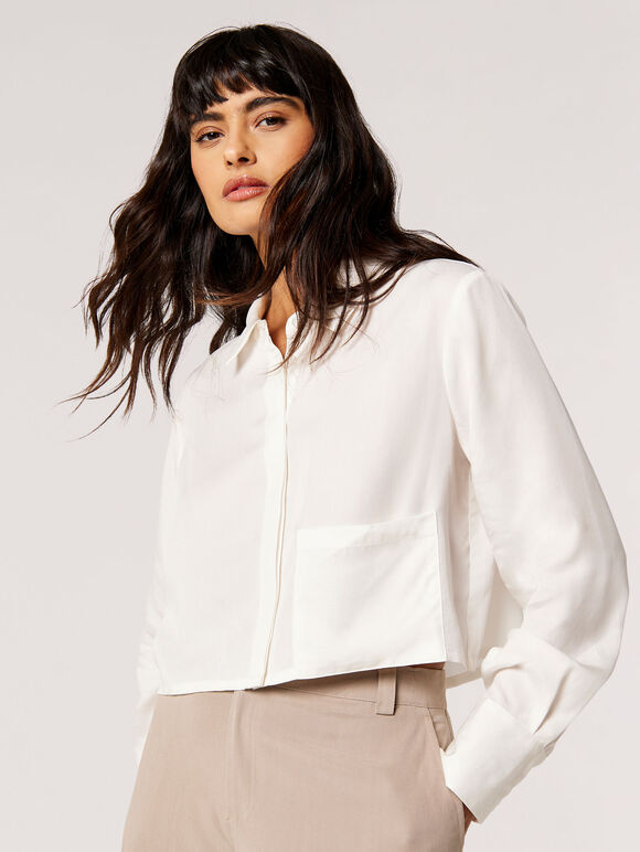 Oversized Cropped Shirt, Cream, large