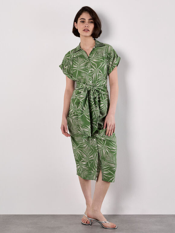 Palm Leaf Shirt Midi Dress, Green, large
