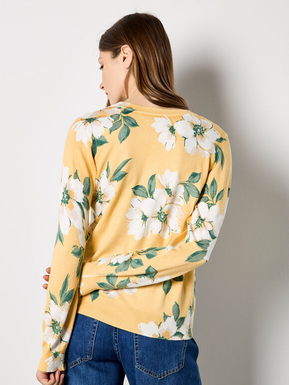 Floral Print Fine Knit Jumper, Yellow, large