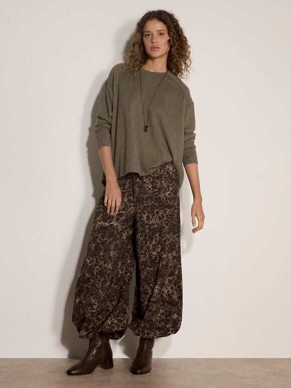 Leopard Print Wide-Leg Woven Trousers, Khaki, large