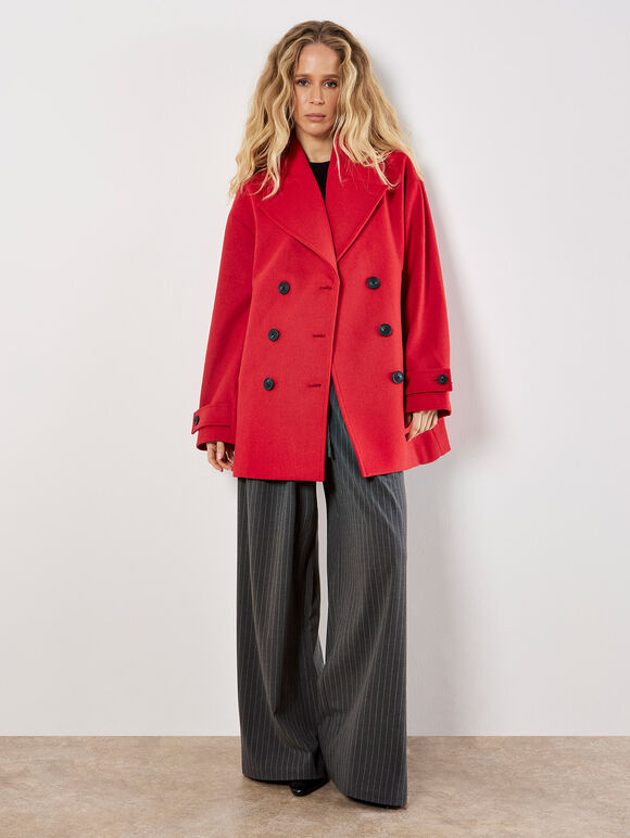 Tailored Double-Breasted Peacoat, Red, large